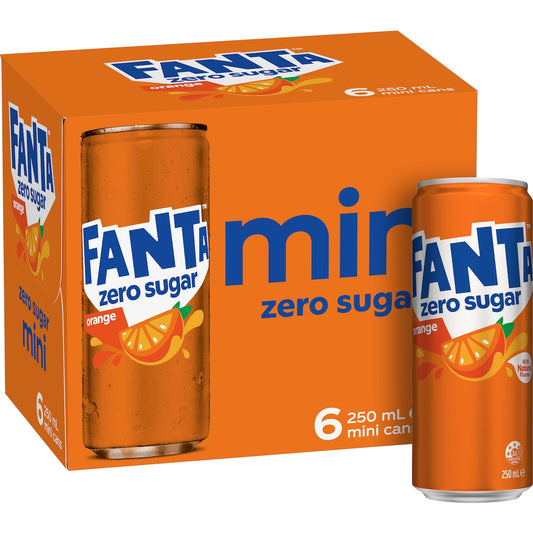 Fruitco Fanta Orange Zero Sugar Soft Drink Mini Cans 250ml x 6 Pack