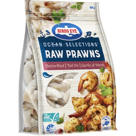Fruitco Birds Eye Ocean Selections Raw Prawns Frozen, Garlic And Herb Dusted 500g