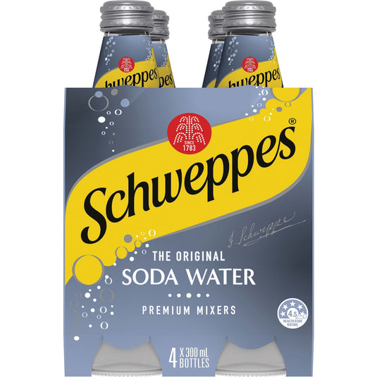Fruitco Schweppes Soda Water Bottle Classic Mixers Glass Multipack 300ml x 4 Pack