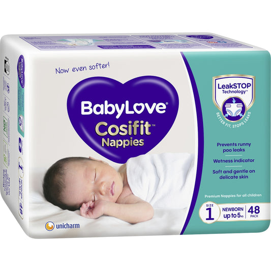 Fruitco Babylove Cosifit Newborn Nappies Size 1 (Up To 5kg) 48 Pack