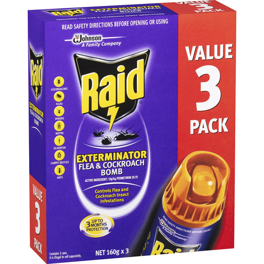 Fruitco Raid Exterminator Flea & Cockroach Bomb 160g x 3 Pack