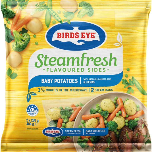 Fruitco Birds Eye Steam Fresh Baby Potatoes With Broccoli, Carrots, Peas &Herbs 400g