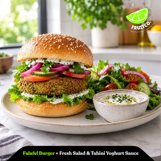 Falafel Burger with Fresh Salad & Tahini Yoghurt Sauce