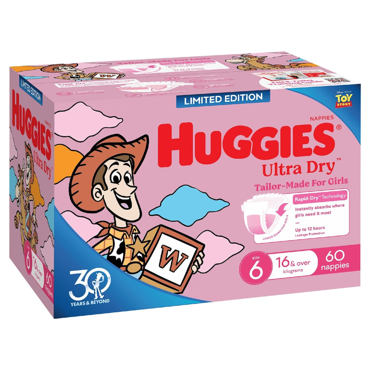 Fruitco Huggies Ultra Dry Nappies Girls Size 6 (16kg+) 60 Pack
