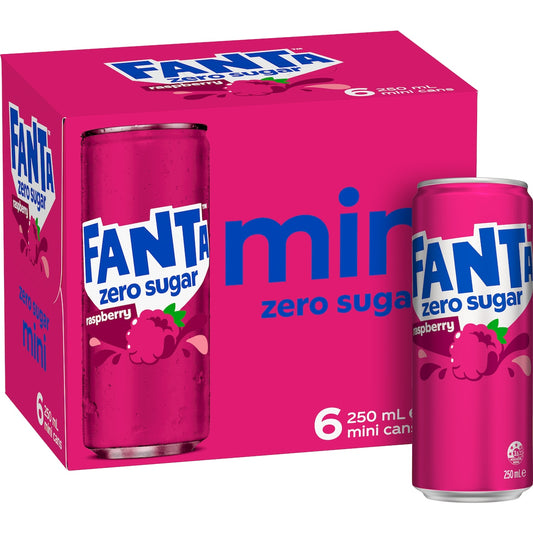Fruitco Fanta Raspberry Zero Sugar Soft Drink Mini Cans 250ml x 6 Pack