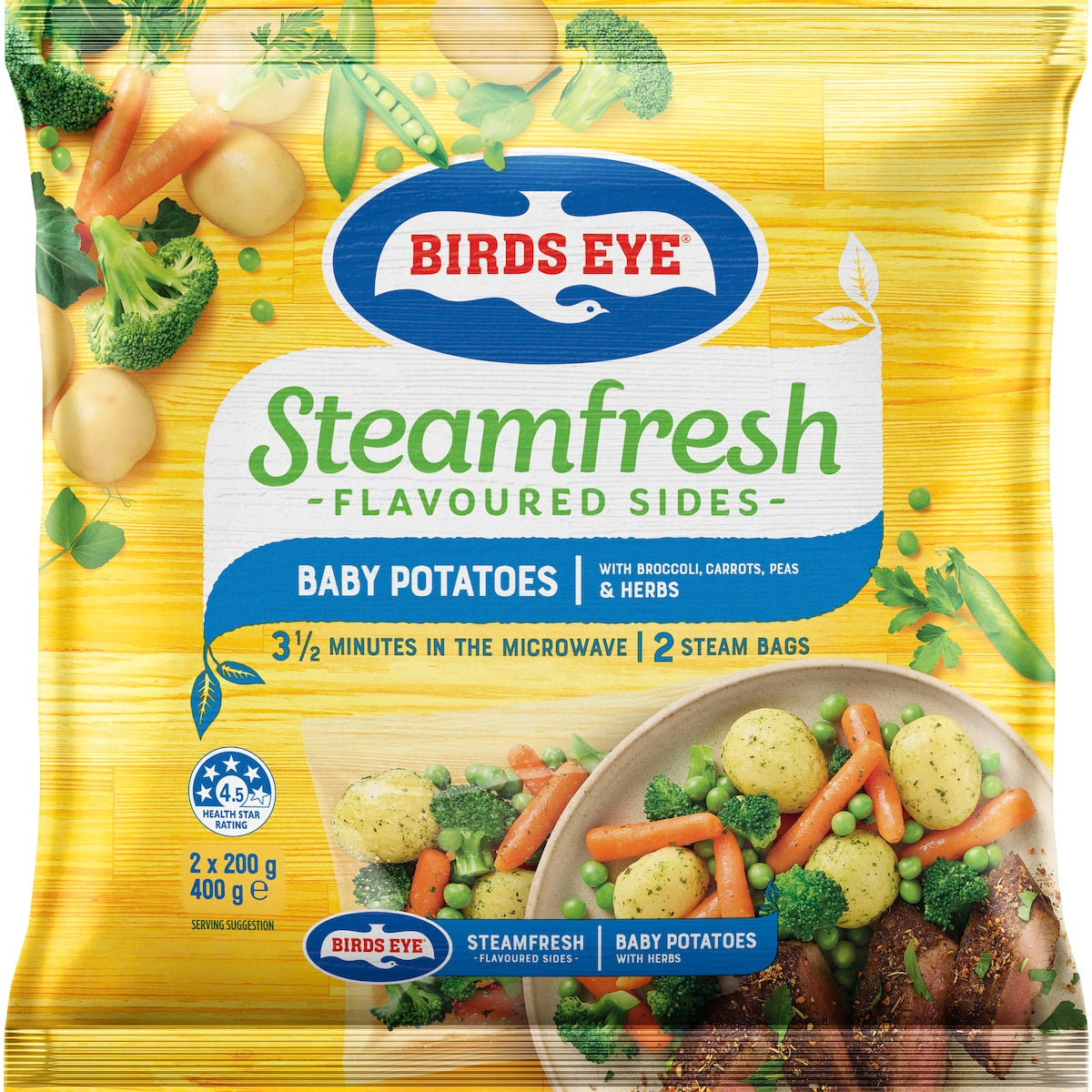 Fruitco Birds Eye Steam Fresh Baby Potatoes With Broccoli, Carrots, Peas &Herbs 400g