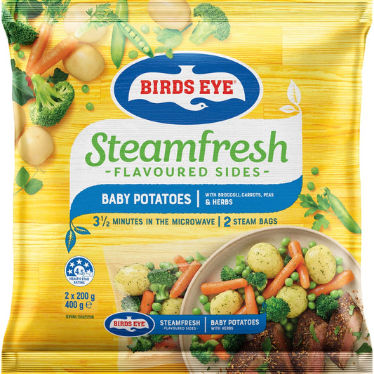 Fruitco Birds Eye Steam Fresh Baby Potatoes With Broccoli, Carrots, Peas &Herbs 400g