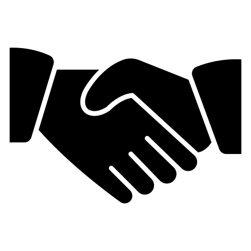 A black handshake icon on a plain white background.